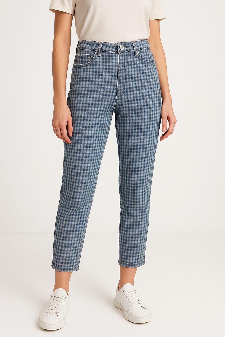Topshop Womens Jeans Mom Gingham Checked High Rise Cropped Blue Size 30